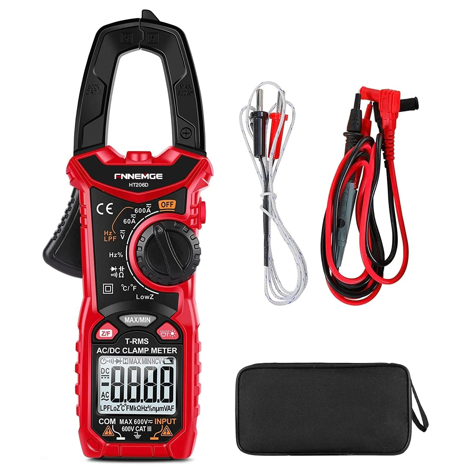 آمپرمتر کلمپی FNNEMGE HT206D، مولتی متر با محدوده خودکار 6000 شمارش، جریان AC/DC 600A، ولتاژ AC/DC 600V با نور پس زمینه LCD، ظرفیت خازنی، پیوستگی، مقاومت، وظیفه، دیودها، فرکانس، دما، NCV