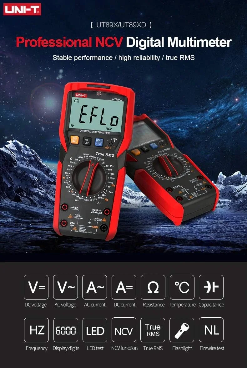 مولتی متر دیجیتال حرفه ای یونی تی مدل UT89XD با قابلیت True RMS، NCV، جریان 20 آمپر AC/DC، ولت متر، خازن سنج، مقاومت سنج مولتی متر دیجیتال حرفه ای یونی تی مدل UT89XD با قابلیت True RMS، NCV، جریان 20 آمپر AC/DC، ولت متر، خازن سنج، مقاومت سنج