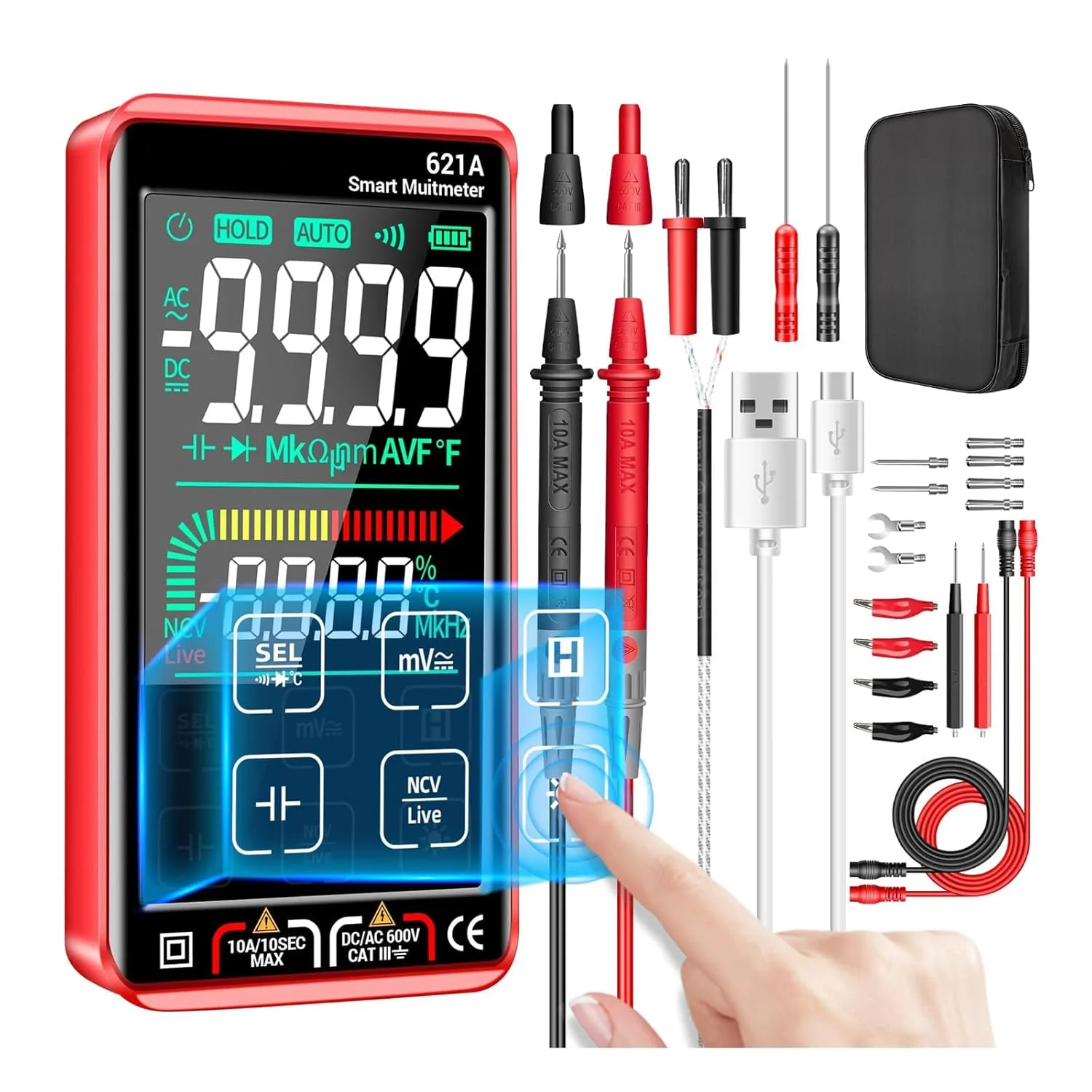 مولتی متر دیجیتال KASTWAVE، لمسی هوشمند TRMS، اندازه گیری سریع و دقیق با قابلیت تنظیم خودکار، اهم ضد سوزش قابل شارژ با NCV، برای اندازه گیری جریان DC/AC، ولتاژ، مقاومت دیودها، ظرفیت خازنی