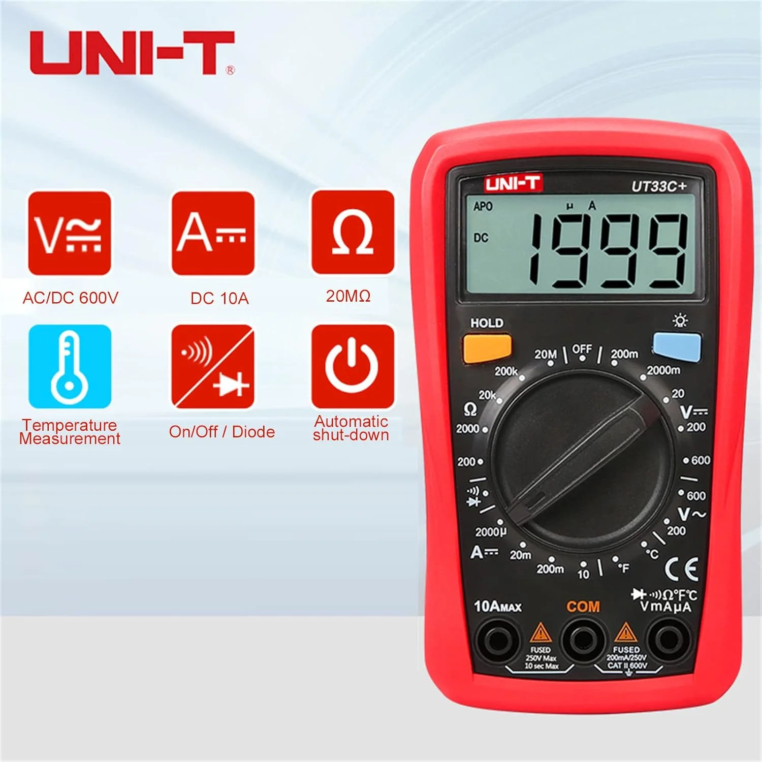 مولتی متر دیجیتال یونی تی برای اندازه گیری ولتاژ، جریان، مقاومت، اهم، ظرفیت خازنی و تست NCV با نور پس زمینه LCD، قرمز و خاکستری، 134mm x 77mm x 47mm، Ut33c+ مولتی متر دیجیتال یونی تی برای اندازه گیری ولتاژ، جریان، مقاومت، اهم، ظرفیت خازنی و تست NCV با نور پس زمینه LCD، قرمز و خاکستری، 134mm x 77mm x 47mm، Ut33c+