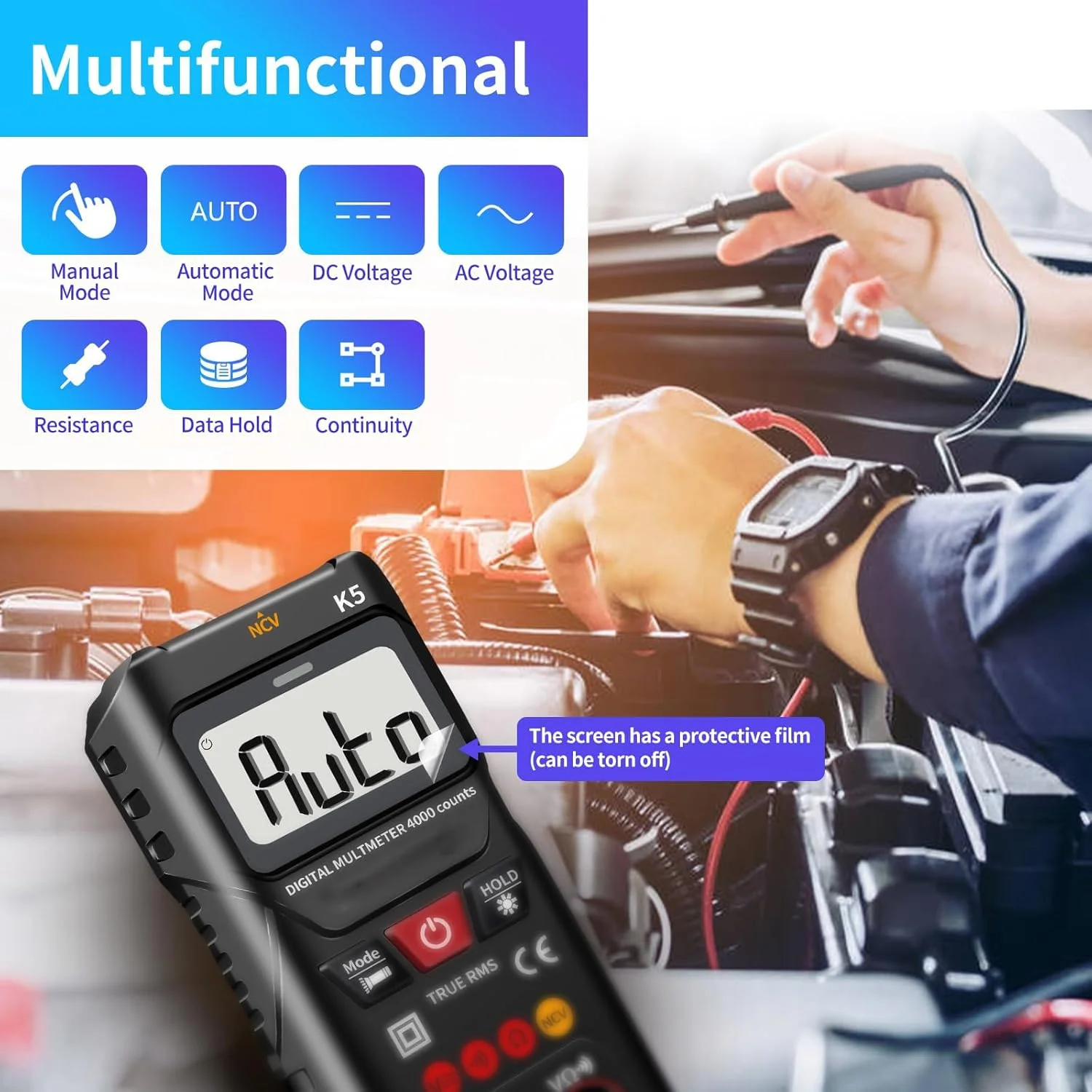 مولتی متر دیجیتال، 4000 رقم، اندازه گیری هوشمند، ولت متر با دامنه خودکار، تستر ولتاژ با عملکرد ولتاژ غیر تماسی، اندازه گیری ولتاژ AC/DC، مقاومت، پیوستگی برای لوازم خانگی خودرو مولتی متر دیجیتال، 4000 رقم، اندازه گیری هوشمند، ولت متر با دامنه خودکار، تستر ولتاژ با عملکرد ولتاژ غیر تماسی، اندازه گیری ولتاژ AC/DC، مقاومت، پیوستگی برای لوازم خانگی خودرو