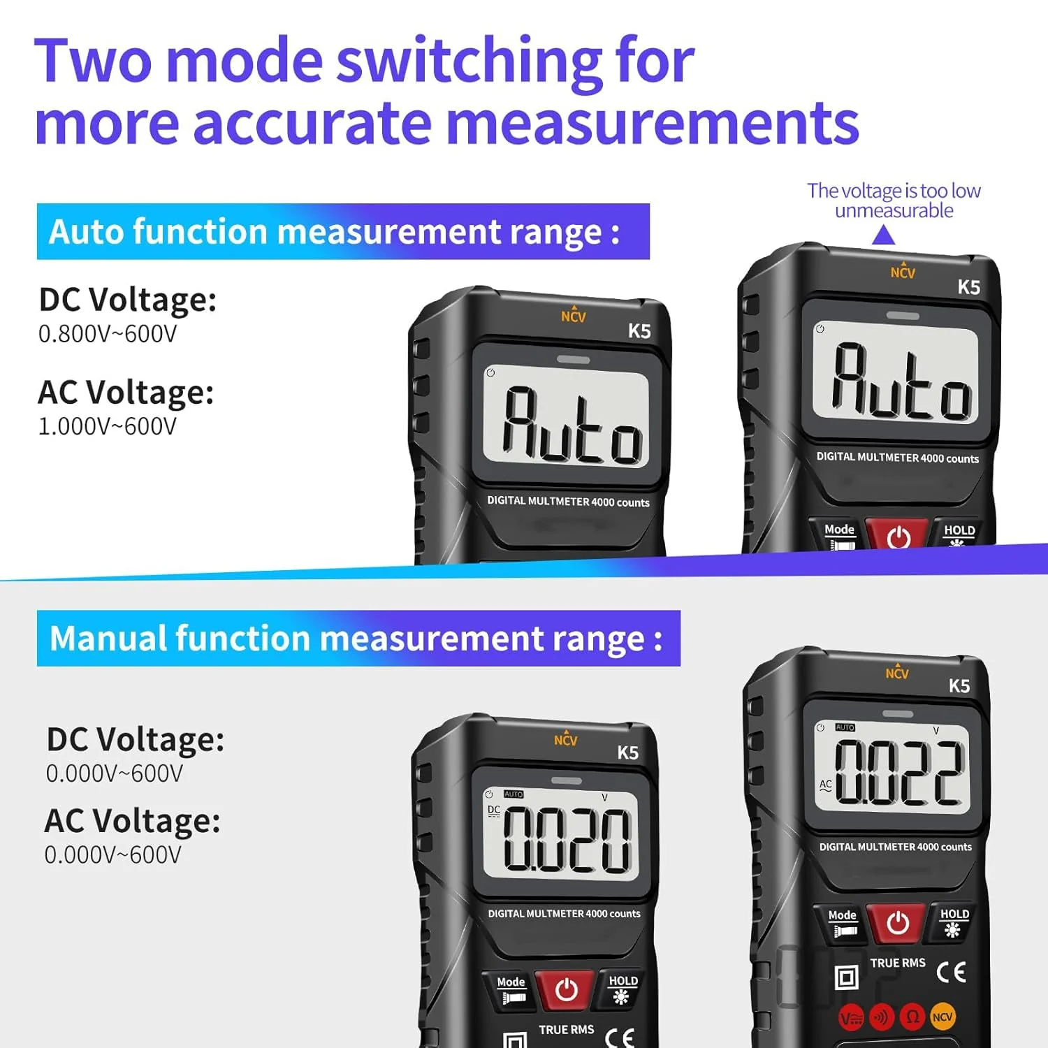 مولتی متر دیجیتال، 4000 رقم، اندازه گیری هوشمند، ولت متر با دامنه خودکار، تستر ولتاژ با عملکرد ولتاژ غیر تماسی، اندازه گیری ولتاژ AC/DC، مقاومت، پیوستگی برای لوازم خانگی خودرو مولتی متر دیجیتال، 4000 رقم، اندازه گیری هوشمند، ولت متر با دامنه خودکار، تستر ولتاژ با عملکرد ولتاژ غیر تماسی، اندازه گیری ولتاژ AC/DC، مقاومت، پیوستگی برای لوازم خانگی خودرو