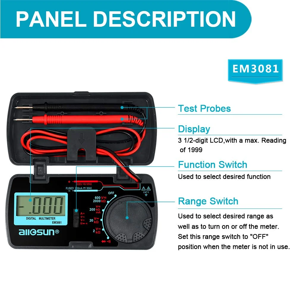 مولتی متر دیجیتال کوچک Allsun با 6 عملکرد، مولتی متر دیجیتال تاشو دستی 3-1/2 رقمی، DMM جیبی، ولت متر DC/AC، آمپرمتر DC، اهم متر، تست پیوستگی، تست دیود، تست صدا