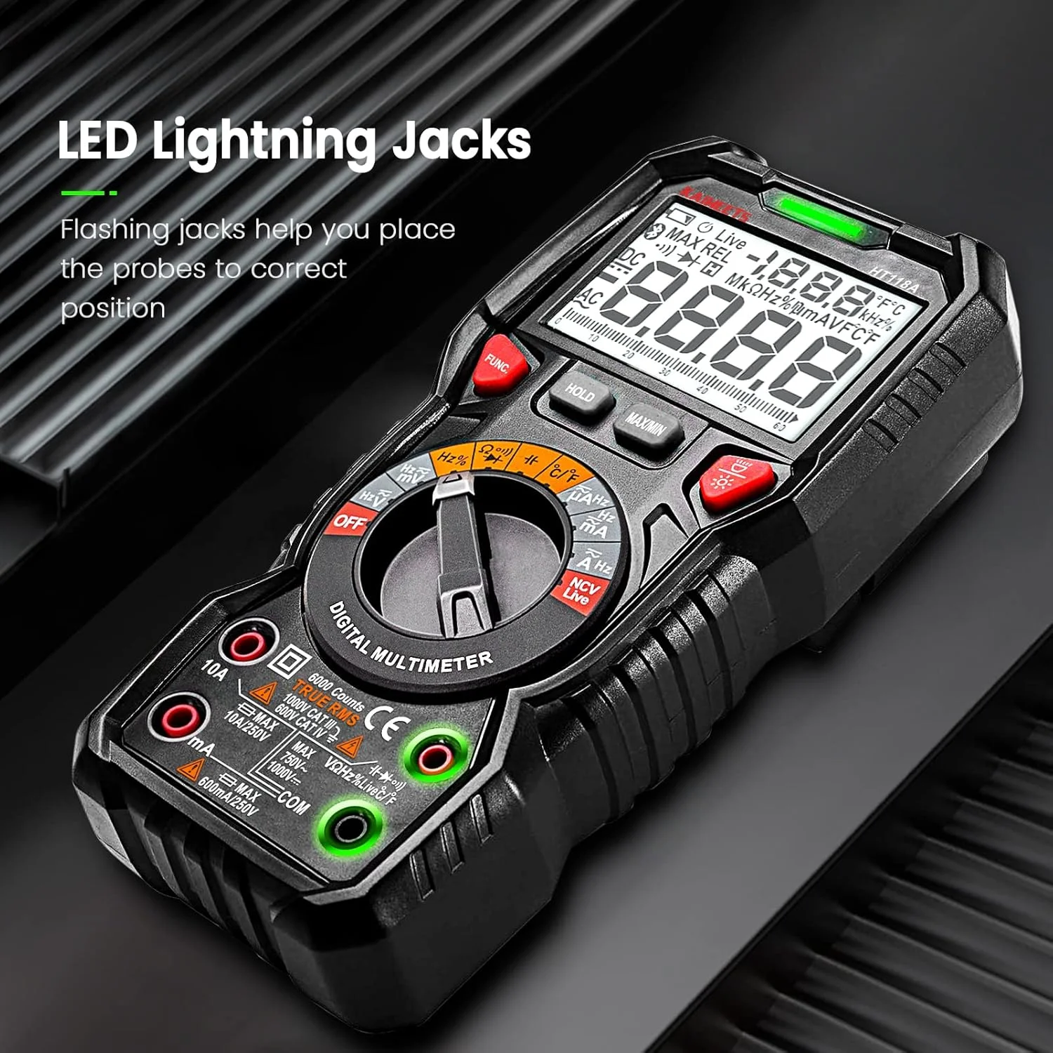 مولتی متر دیجیتال حرفه ای KAIWEETS HT118A، مولتی تستر اتورنجینگ T-RMS با 6000 شمارش، اندازه گیری جریان AC/DC، ولتاژ، پیوستگی، ظرفیت خازنی، NCV، مقاومت، دیوتی سایکل، دیودها، لایو، LED مولتی متر دیجیتال حرفه ای KAIWEETS HT118A، مولتی تستر اتورنجینگ T-RMS با 6000 شمارش، اندازه گیری جریان AC/DC، ولتاژ، پیوستگی، ظرفیت خازنی، NCV، مقاومت، دیوتی سایکل، دیودها، لایو، LED