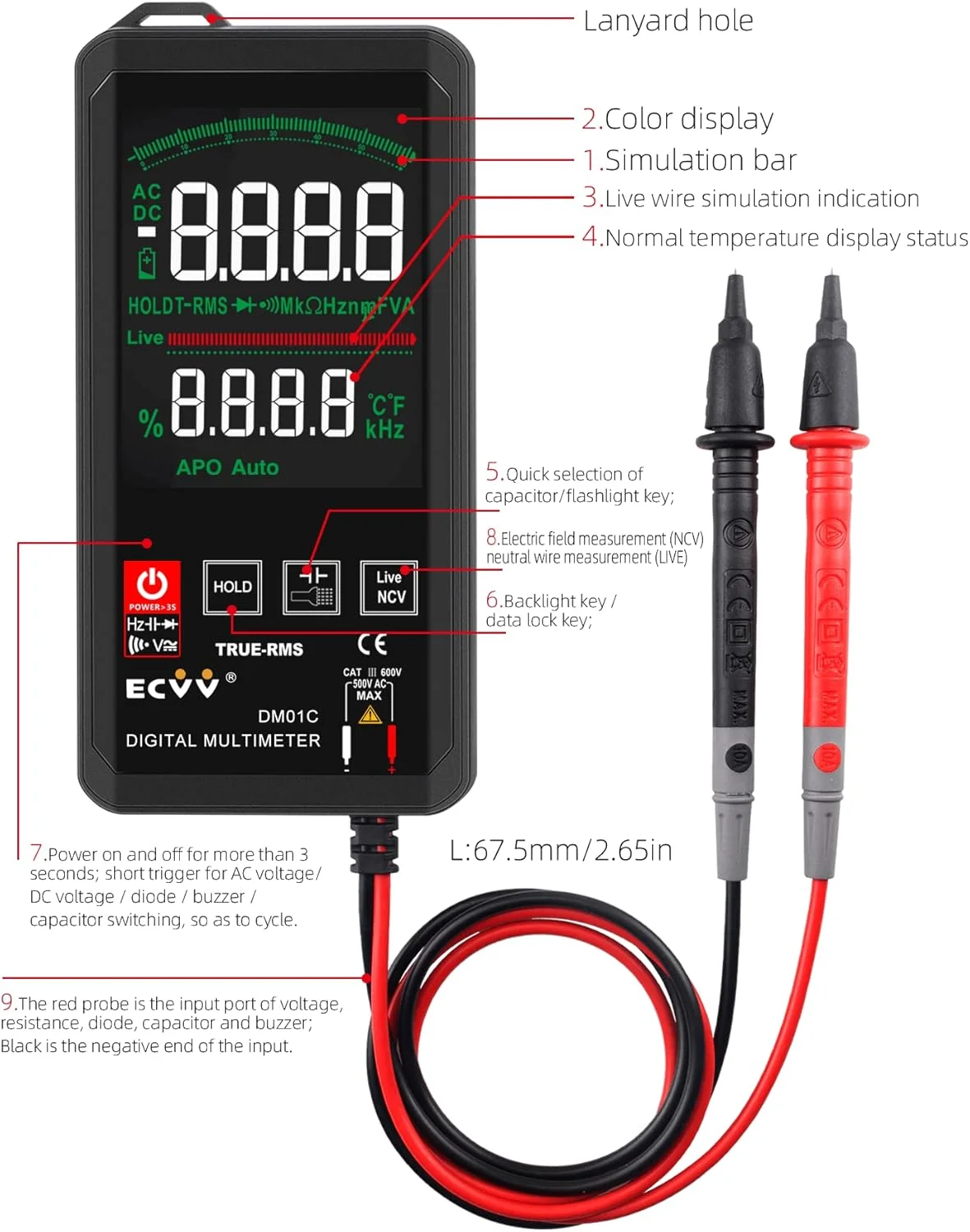 مولتی متر دیجیتال لمسی با صفحه نمایش رنگی، تشخیص خودکار، مینی NCV، مولتی متر دستی 1000 ولت DC، صفحه نمایش بزرگ، متر جهانی (صفحه نمایش رنگی)
