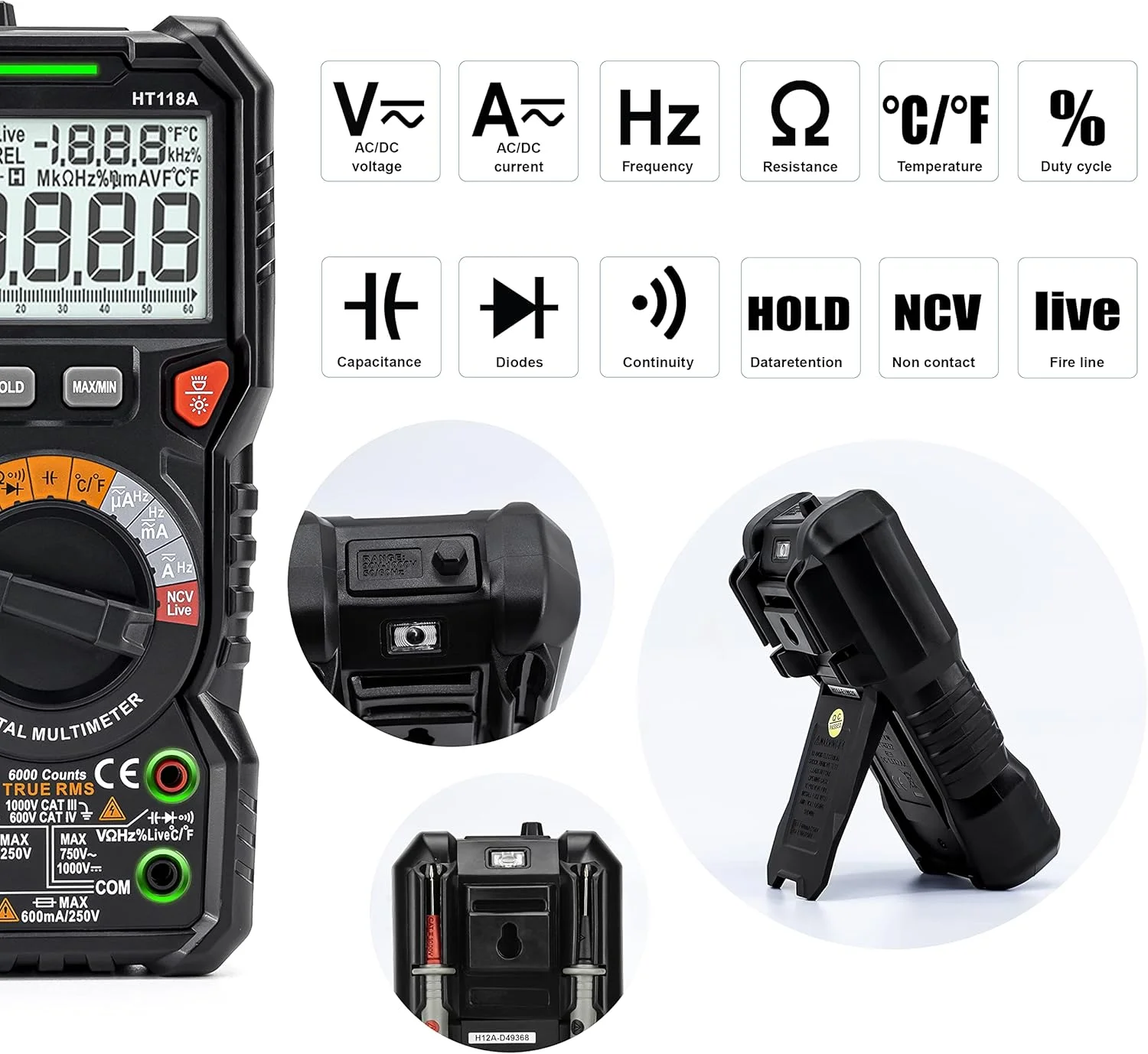 مولتی متر دیجیتال حرفه ای KAIWEETS HT118A، مولتی تستر اتورنجینگ T-RMS با 6000 شمارش، اندازه گیری جریان AC/DC، ولتاژ، پیوستگی، ظرفیت خازنی، NCV، مقاومت، دیوتی سایکل، دیودها، لایو، LED مولتی متر دیجیتال حرفه ای KAIWEETS HT118A، مولتی تستر اتورنجینگ T-RMS با 6000 شمارش، اندازه گیری جریان AC/DC، ولتاژ، پیوستگی، ظرفیت خازنی، NCV، مقاومت، دیوتی سایکل، دیودها، لایو، LED