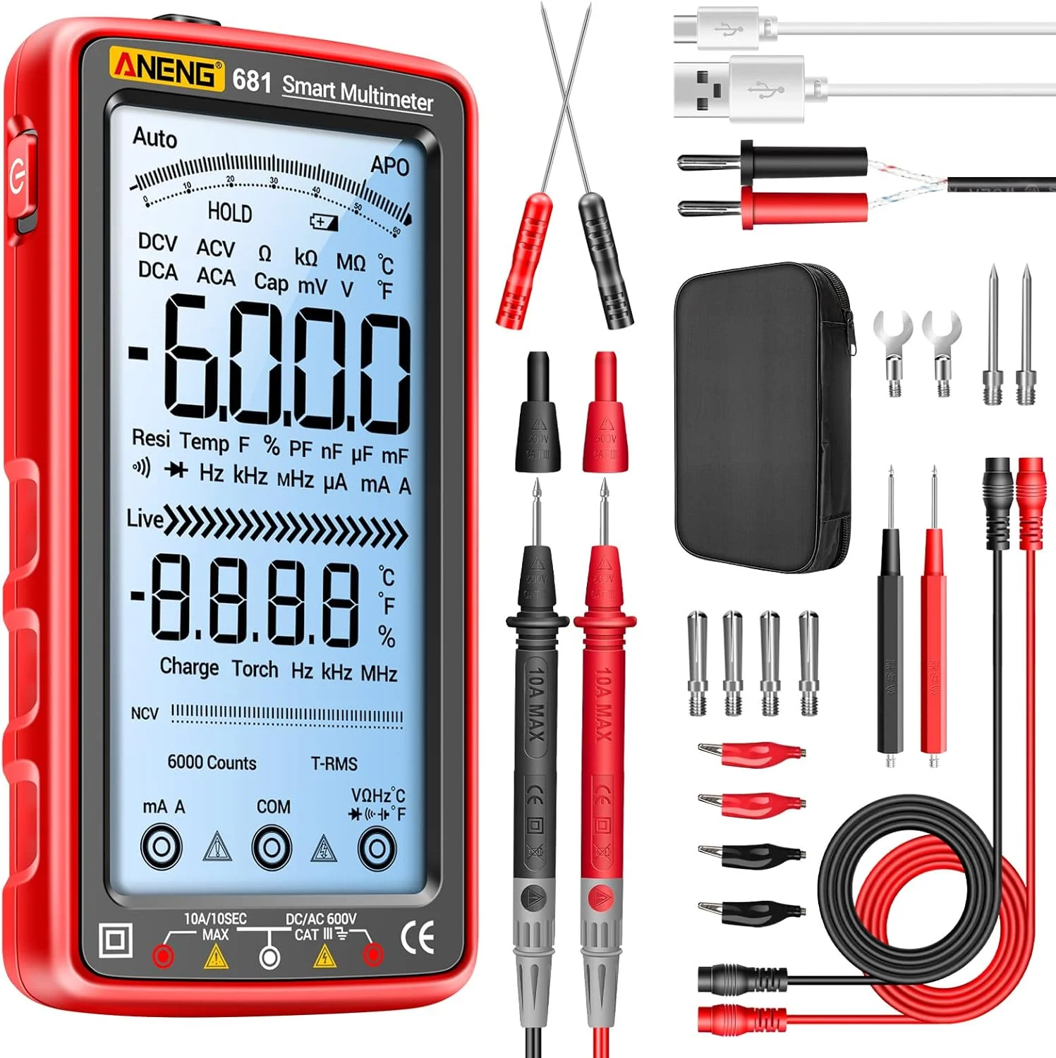 مولتی متر دیجیتال ANENG TRMS، 6000 شمارش، قابل شارژ. اندازه گیری جریان AC/DC، NCV، ولتاژ، اهم، آمپر، مقاومت، دیود، ظرفیت خازنی، دما مولتی متر دیجیتال ANENG TRMS، 6000 شمارش، قابل شارژ. اندازه گیری جریان AC/DC، NCV، ولتاژ، اهم، آمپر، مقاومت، دیود، ظرفیت خازنی، دما