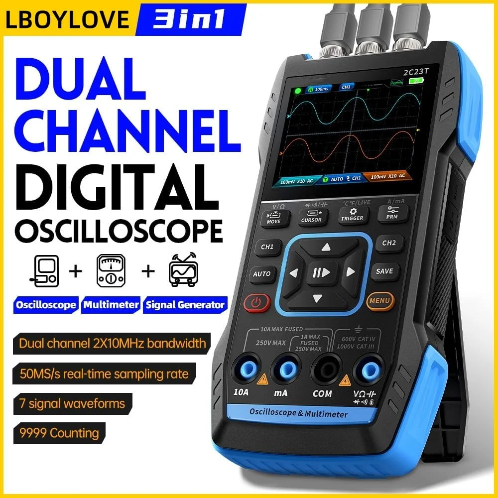 اسیلوسکوپ مولتی متر دستی 3 در 1 LBOYLOVE® مدل 2C23T، ژنراتور DDS دیجیتال، 2 کانال، پهنای باند 10 مگاهرتز، نرخ نمونه برداری 50 مگا نمونه در ثانیه، 10000 شمارش، برای تست ولتاژ، جریان، خازن، مقاومت، دیود اسیلوسکوپ مولتی متر دستی 3 در 1 LBOYLOVE® مدل 2C23T، ژنراتور DDS دیجیتال، 2 کانال، پهنای باند 10 مگاهرتز، نرخ نمونه برداری 50 مگا نمونه در ثانیه، 10000 شمارش، برای تست ولتاژ، جریان، خازن، مقاومت، دیود