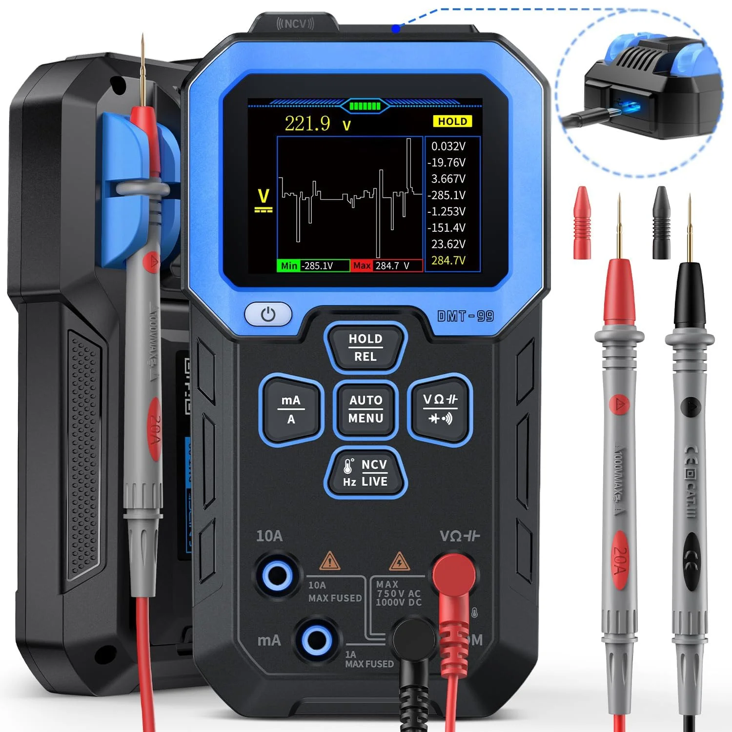 مولتی متر دیجیتال هوشمند، 9999 شمارنده، ولت متر با قابلیت شارژ خودکار با حالت ضبط/مانیتورینگ داده، مقاومت، ظرفیت خازنی، دیود، فرکانس، NCV، تستر ولتاژ جریان مولتی متر دیجیتال هوشمند، 9999 شمارنده، ولت متر با قابلیت شارژ خودکار با حالت ضبط/مانیتورینگ داده، مقاومت، ظرفیت خازنی، دیود، فرکانس، NCV، تستر ولتاژ جریان