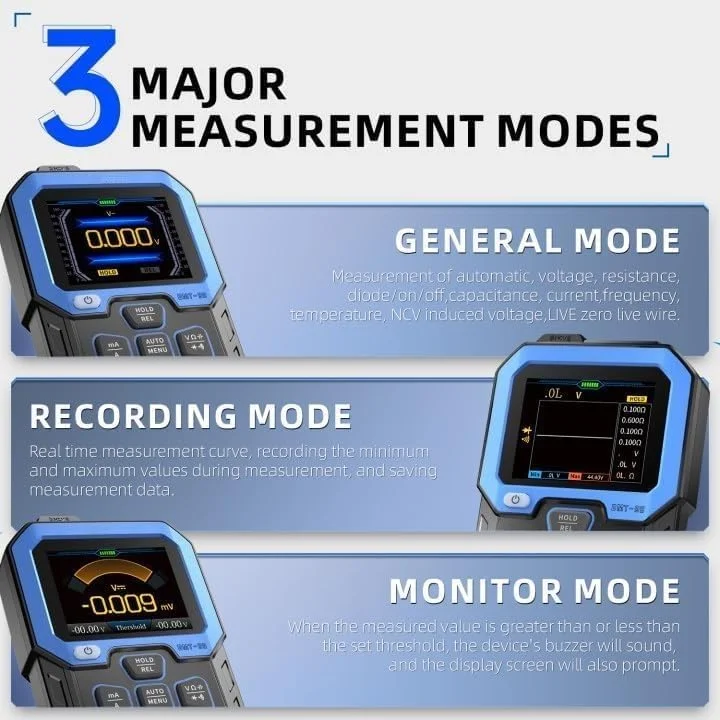 مولتی متر دیجیتال هوشمند، 9999 شمارنده، ولت متر با قابلیت شارژ خودکار با حالت ضبط/مانیتورینگ داده، مقاومت، ظرفیت خازنی، دیود، فرکانس، NCV، تستر ولتاژ جریان مولتی متر دیجیتال هوشمند، 9999 شمارنده، ولت متر با قابلیت شارژ خودکار با حالت ضبط/مانیتورینگ داده، مقاومت، ظرفیت خازنی، دیود، فرکانس، NCV، تستر ولتاژ جریان