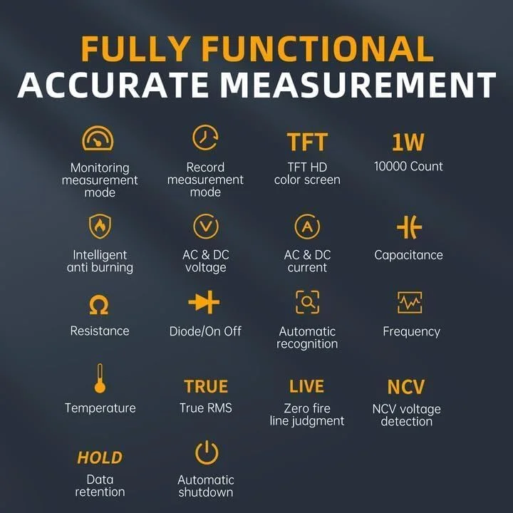 مولتی متر دیجیتال هوشمند، 9999 شمارنده، ولت متر با قابلیت شارژ خودکار با حالت ضبط/مانیتورینگ داده، مقاومت، ظرفیت خازنی، دیود، فرکانس، NCV، تستر ولتاژ جریان مولتی متر دیجیتال هوشمند، 9999 شمارنده، ولت متر با قابلیت شارژ خودکار با حالت ضبط/مانیتورینگ داده، مقاومت، ظرفیت خازنی، دیود، فرکانس، NCV، تستر ولتاژ جریان