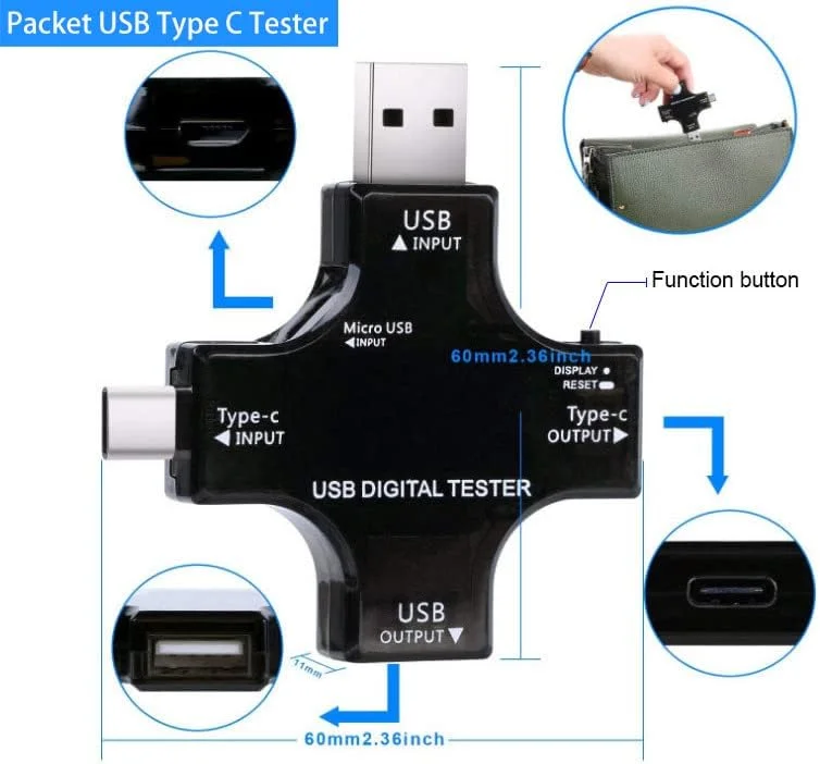 تستر USB نوع C دو در یک Eversame، مولتی متر دیجیتال LCD با صفحه نمایش رنگی، ولت متر جریان ولتاژ USB C، آمپرمتر، آشکارساز کابل USB، نشانگر شارژر DC3.6-30V/0-5.1A