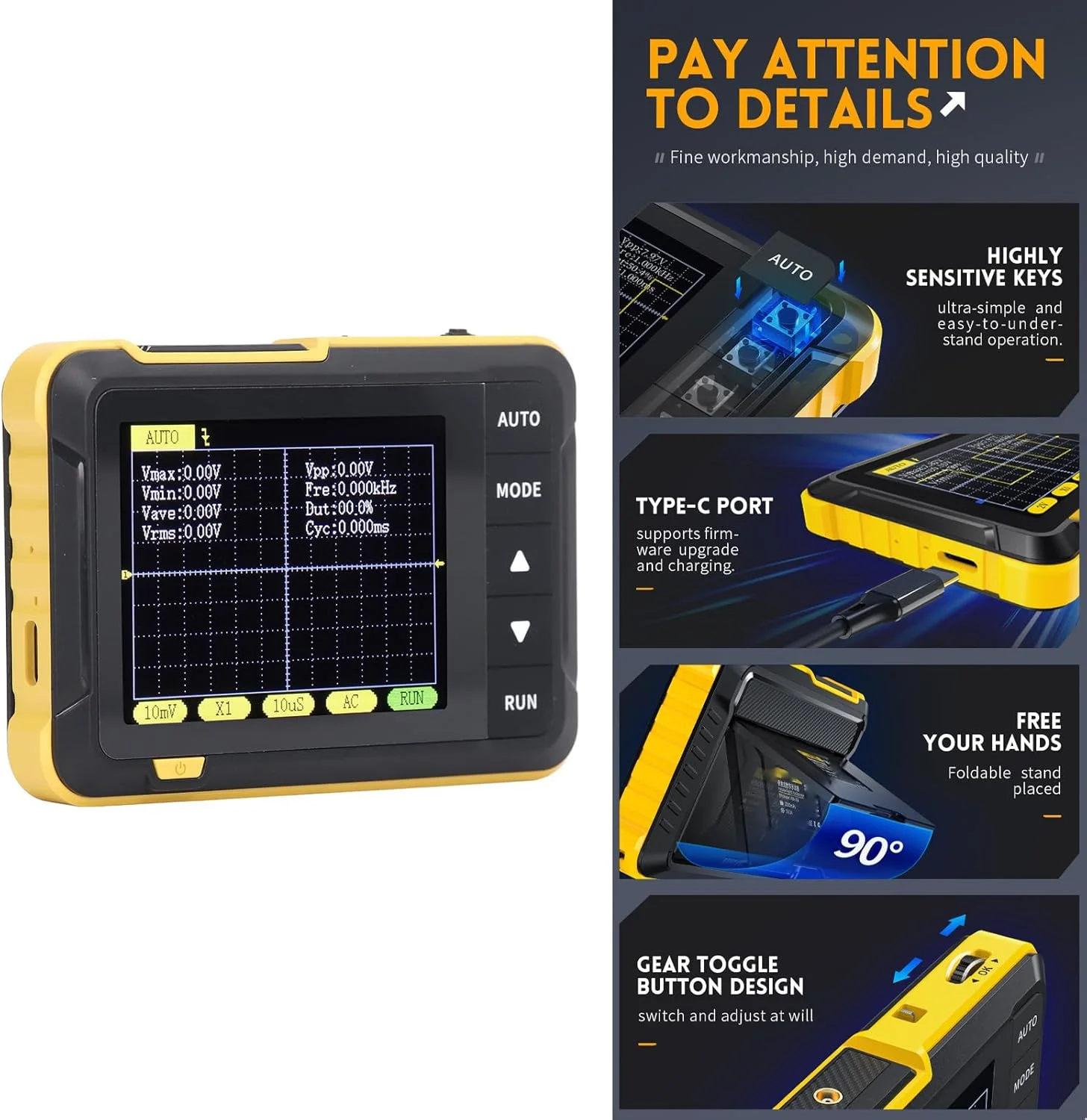 اسیلوسکوپ، مینی اسیلوسکوپ دیجیتال دستی قابل حمل، پهنای باند 200 کیلوهرتز، نرخ نمونه برداری 2.5 مگاهرتز، ژنراتور سیگنال DDS، صفحه نمایش LCD 2.8 اینچی با قابلیت ضبط خودکار شکل موج اسیلوسکوپ، مینی اسیلوسکوپ دیجیتال دستی قابل حمل، پهنای باند 200 کیلوهرتز، نرخ نمونه برداری 2.5 مگاهرتز، ژنراتور سیگنال DDS، صفحه نمایش LCD 2.8 اینچی با قابلیت ضبط خودکار شکل موج