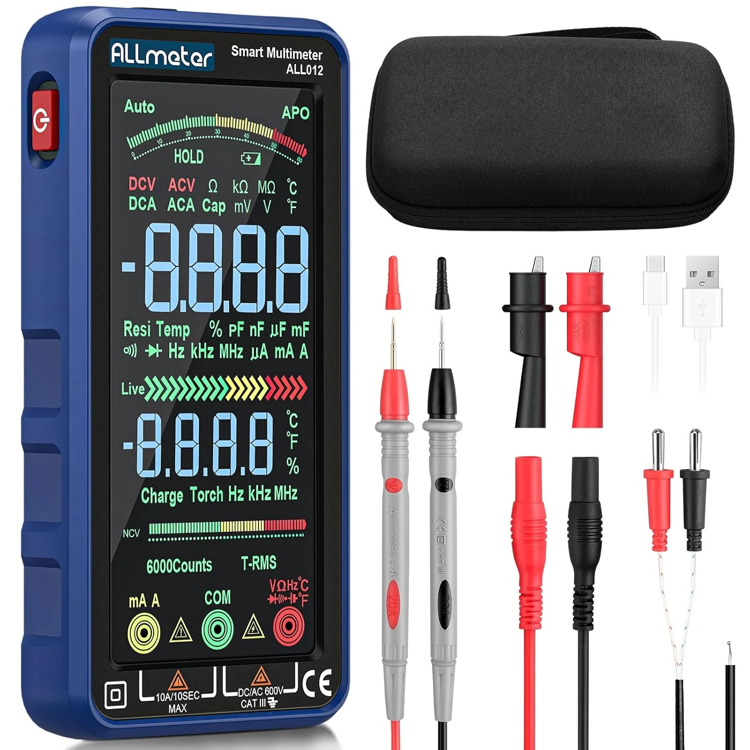 مولتی متر دیجیتال ALLmeter با صفحه نمایش رنگی 6000 شمارنده، آمپرمتر، ولت متر True RMS برای ولتاژ AC/DC، جریان، ظرفیت، مقاومت، دیودها، فرکانس، دما، NCV مولتی متر دیجیتال ALLmeter با صفحه نمایش رنگی 6000 شمارنده، آمپرمتر، ولت متر True RMS برای ولتاژ AC/DC، جریان، ظرفیت، مقاومت، دیودها، فرکانس، دما، NCV