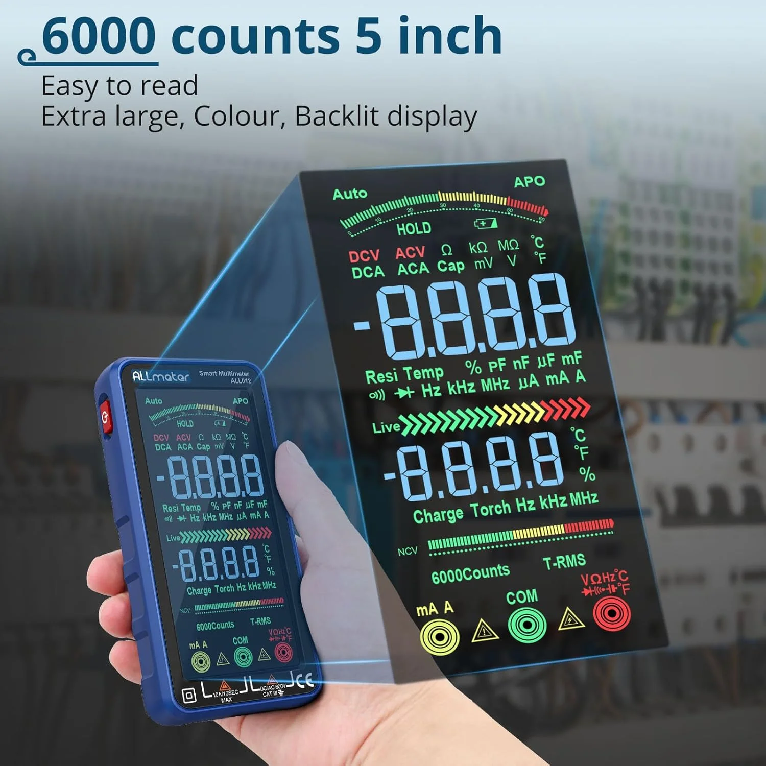 مولتی متر دیجیتال ALLmeter با صفحه نمایش رنگی 6000 شمارنده، آمپرمتر، ولت متر True RMS برای ولتاژ AC/DC، جریان، ظرفیت، مقاومت، دیودها، فرکانس، دما، NCV
