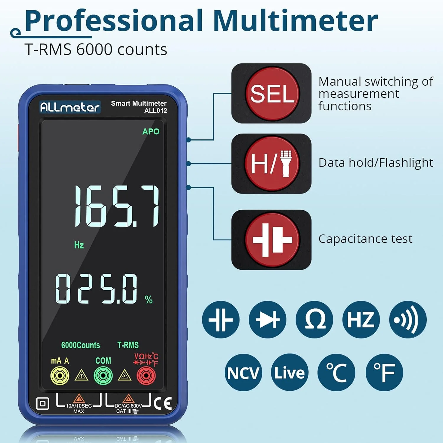 مولتی متر دیجیتال ALLmeter با صفحه نمایش رنگی 6000 شمارنده، آمپرمتر، ولت متر True RMS برای ولتاژ AC/DC، جریان، ظرفیت، مقاومت، دیودها، فرکانس، دما، NCV