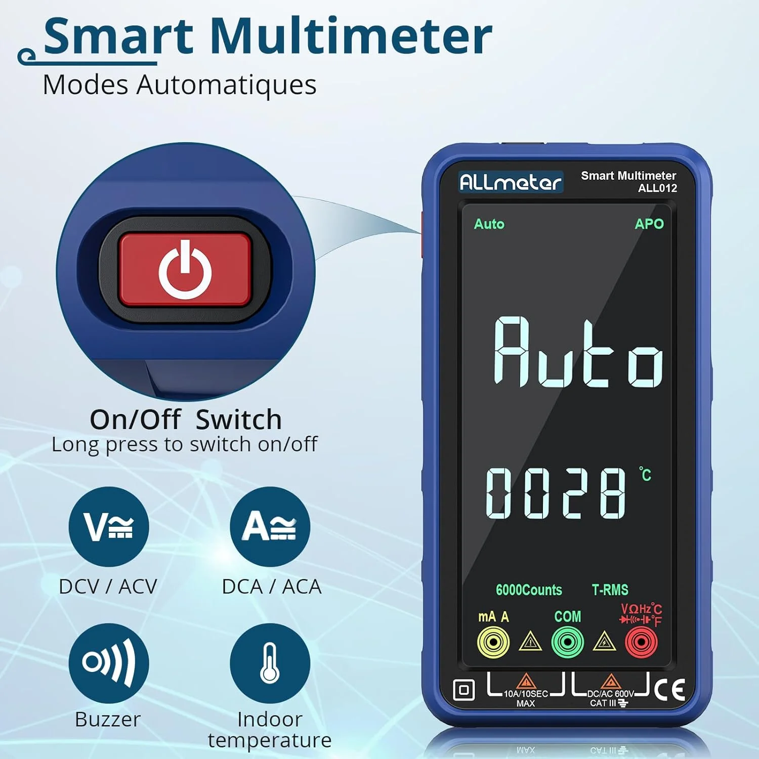 مولتی متر دیجیتال ALLmeter با صفحه نمایش رنگی 6000 شمارنده، آمپرمتر، ولت متر True RMS برای ولتاژ AC/DC، جریان، ظرفیت، مقاومت، دیودها، فرکانس، دما، NCV