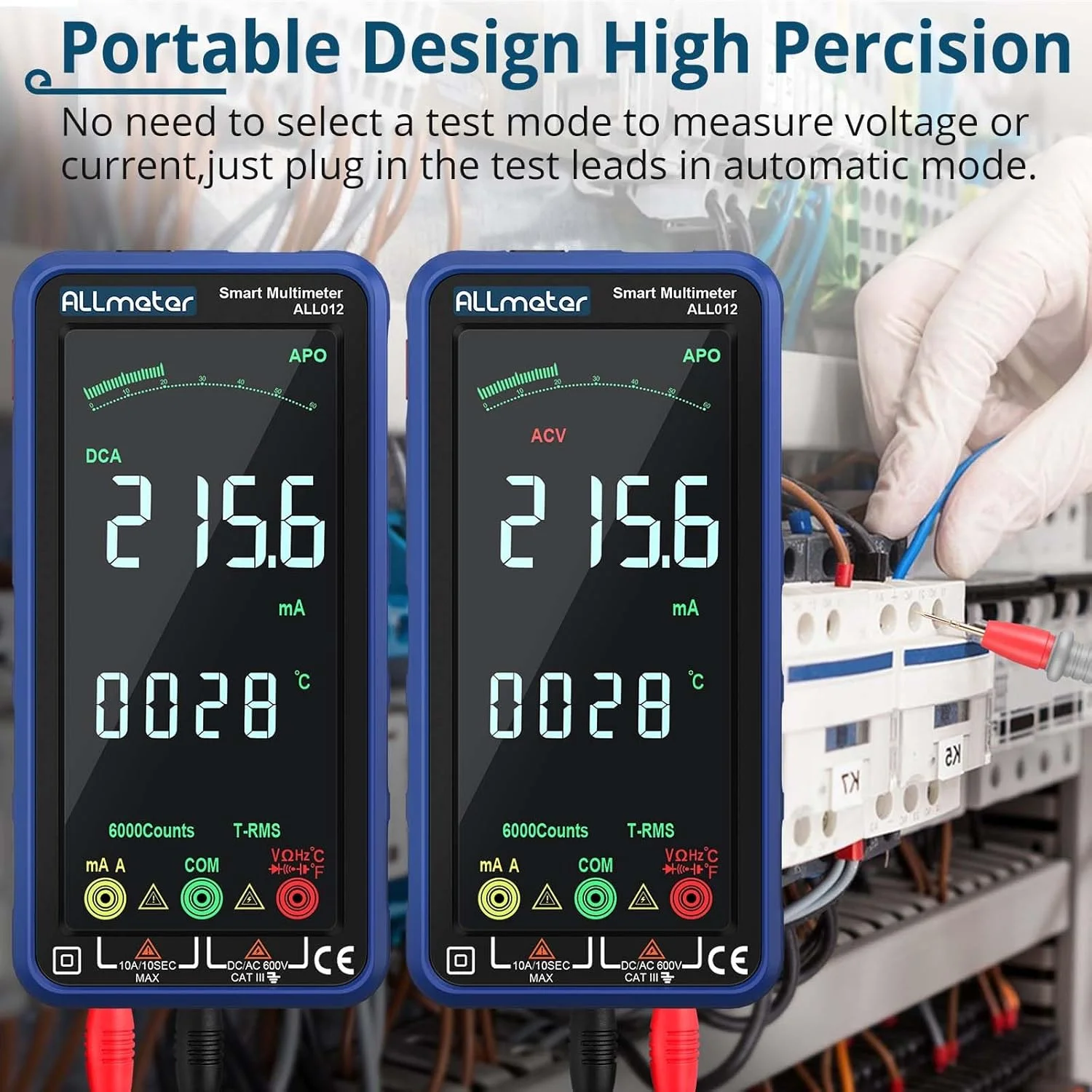 مولتی متر دیجیتال ALLmeter با صفحه نمایش رنگی 6000 شمارنده، آمپرمتر، ولت متر True RMS برای ولتاژ AC/DC، جریان، ظرفیت، مقاومت، دیودها، فرکانس، دما، NCV
