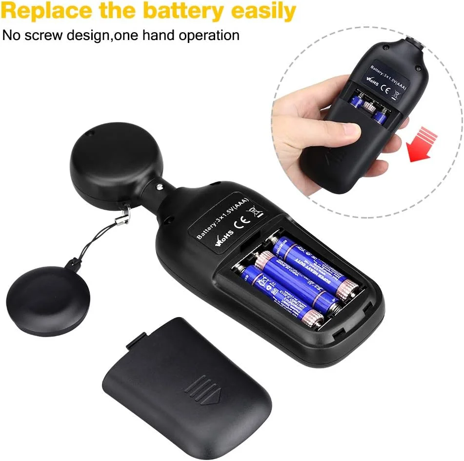 نورسنج دیجیتال دستی با قابلیت اندازه گیری دمای محیط با محدوده اندازه گیری تا 200,000 لوکس به همراه صفحه نمایشگر LCD رنگی 4 رقمی، مشکی و زرد