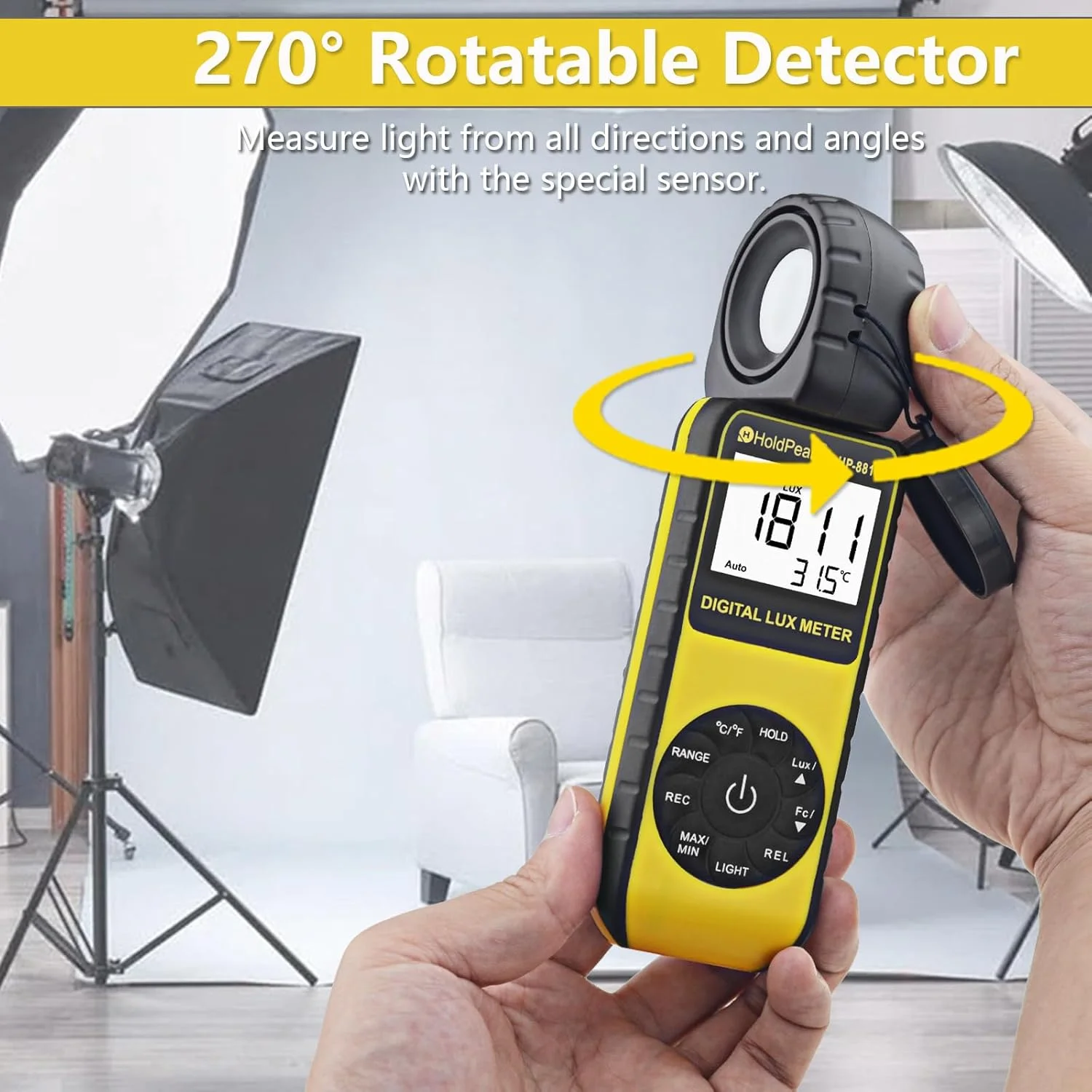 نورسنج دیجیتال هولدپیک 881D، لوکس متر دیجیتال با قابلیت اندازه گیری 0.1~400,000 لوکس (0.1~40,000 FC) با سنسور چرخشی 270 درجه، مناسب برای گیاهان، چراغ های LED، تست نور داخلی و خارجی