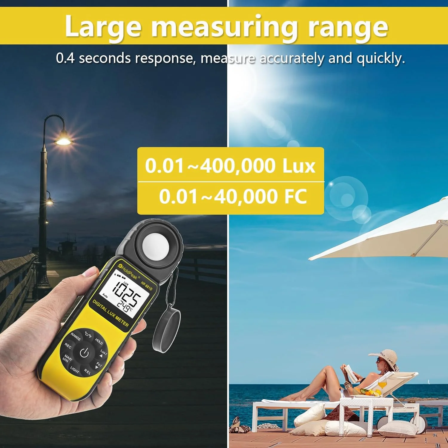 نورسنج دیجیتال هولدپیک 881D، لوکس متر دیجیتال با قابلیت اندازه گیری 0.1~400,000 لوکس (0.1~40,000 FC) با سنسور چرخشی 270 درجه، مناسب برای گیاهان، چراغ های LED، تست نور داخلی و خارجی