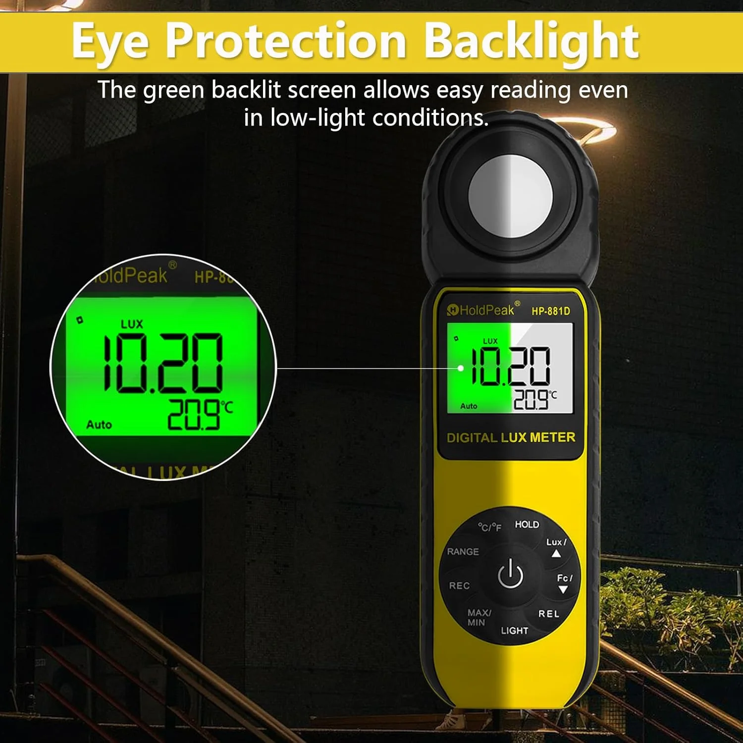 نورسنج دیجیتال هولدپیک 881D، لوکس متر دیجیتال با قابلیت اندازه گیری 0.1~400,000 لوکس (0.1~40,000 FC) با سنسور چرخشی 270 درجه، مناسب برای گیاهان، چراغ های LED، تست نور داخلی و خارجی