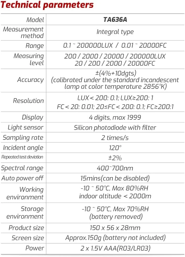 نور سنج دیجیتال TA636A، لوکس متر دستی، فتومتر با سنسور یکپارچه، صفحه نمایش ال سی دی 4 رقمی، محدوده اندازه گیری 0 تا 200000، انتخاب واحد لوکس/FC، تستر لوکس متر برای رشد نور سنج دیجیتال TA636A، لوکس متر دستی، فتومتر با سنسور یکپارچه، صفحه نمایش ال سی دی 4 رقمی، محدوده اندازه گیری 0 تا 200000، انتخاب واحد لوکس/FC، تستر لوکس متر برای رشد