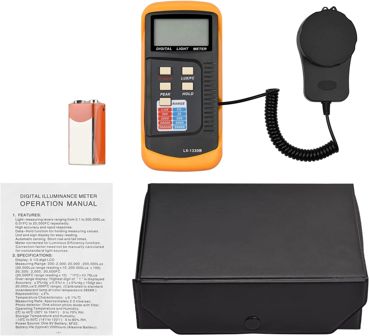 نورسنج دیجیتال OUNA با محدوده دستی 200 تا 200,000 لوکس، نورسنج ال سی دی قابل حمل، تستر شدت نور با قابلیت اندازه گیری پیک برای کارخانه ها، آزمایشگاه ها و صنایع