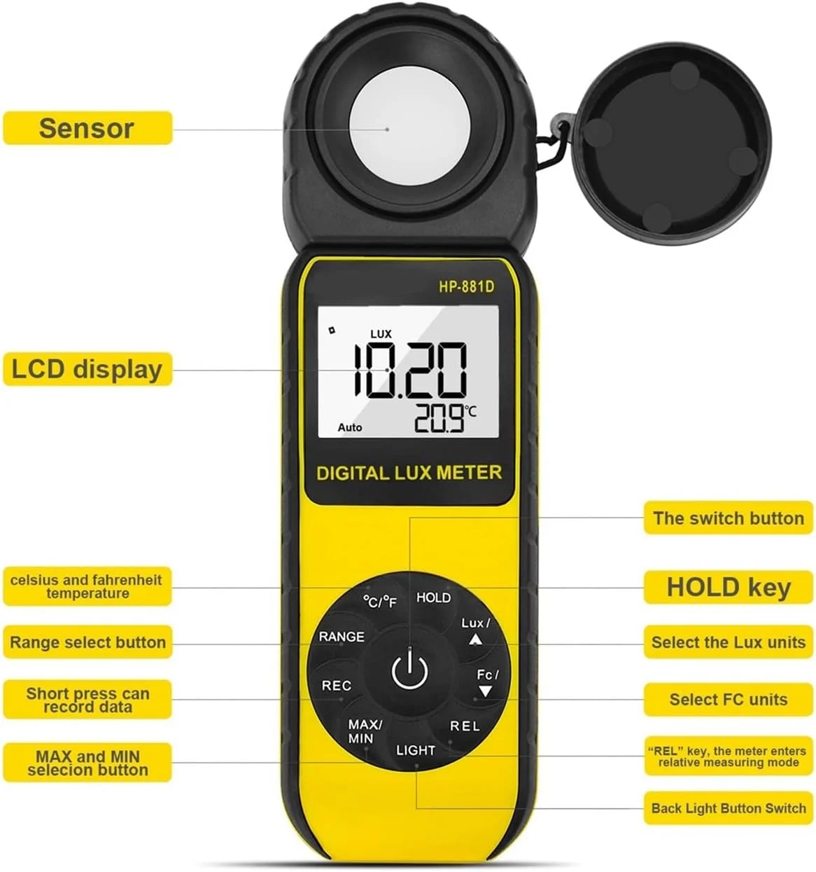 نورسنج دیجیتال یکپارچه لوکس/Fc برای طراحی صحنه، کارخانه، اداره یا استفاده خانگی نورسنج دیجیتال یکپارچه لوکس/Fc برای طراحی صحنه، کارخانه، اداره یا استفاده خانگی
