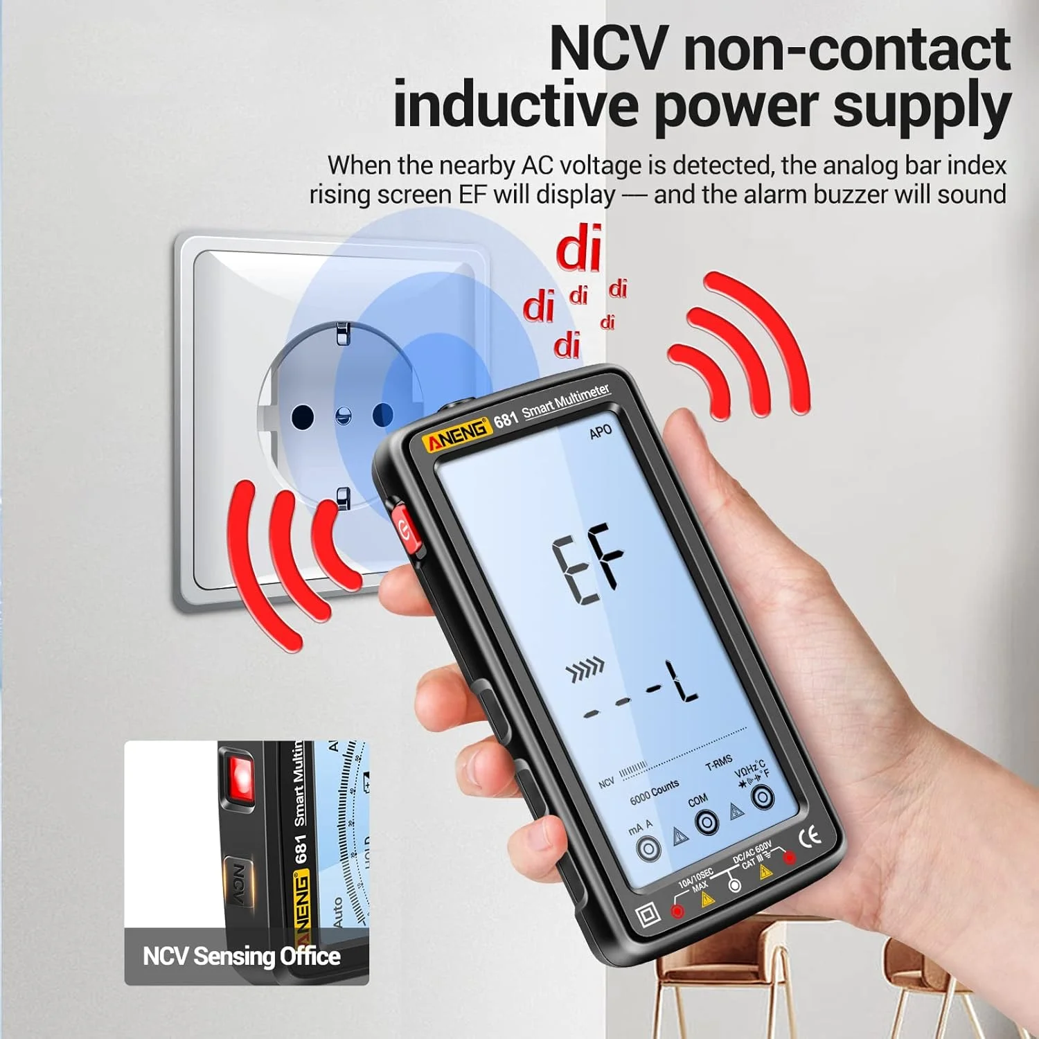 مولتی متر دیجیتال 6000 رقمی Morelian 681، ضد سوختگی هوشمند، قابل شارژ، تستر جهانی NCV، LCD بزرگ 5 اینچی با نور پس زمینه و چراغ قوه برای ولتاژ، مقاومت، ظرفیت خازنی و دما مولتی متر دیجیتال 6000 رقمی Morelian 681، ضد سوختگی هوشمند، قابل شارژ، تستر جهانی NCV، LCD بزرگ 5 اینچی با نور پس زمینه و چراغ قوه برای ولتاژ، مقاومت، ظرفیت خازنی و دما