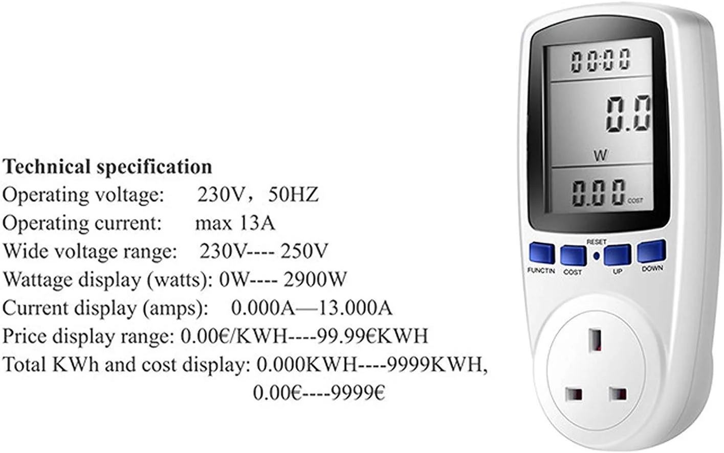 نمایشگر LCD دیجیتال میزان مصرف انرژی AC 230V - 250V، محاسبه گر هزینه، وات، ولتاژ و آمپر نمایشگر LCD دیجیتال میزان مصرف انرژی AC 230V - 250V، محاسبه گر هزینه، وات، ولتاژ و آمپر