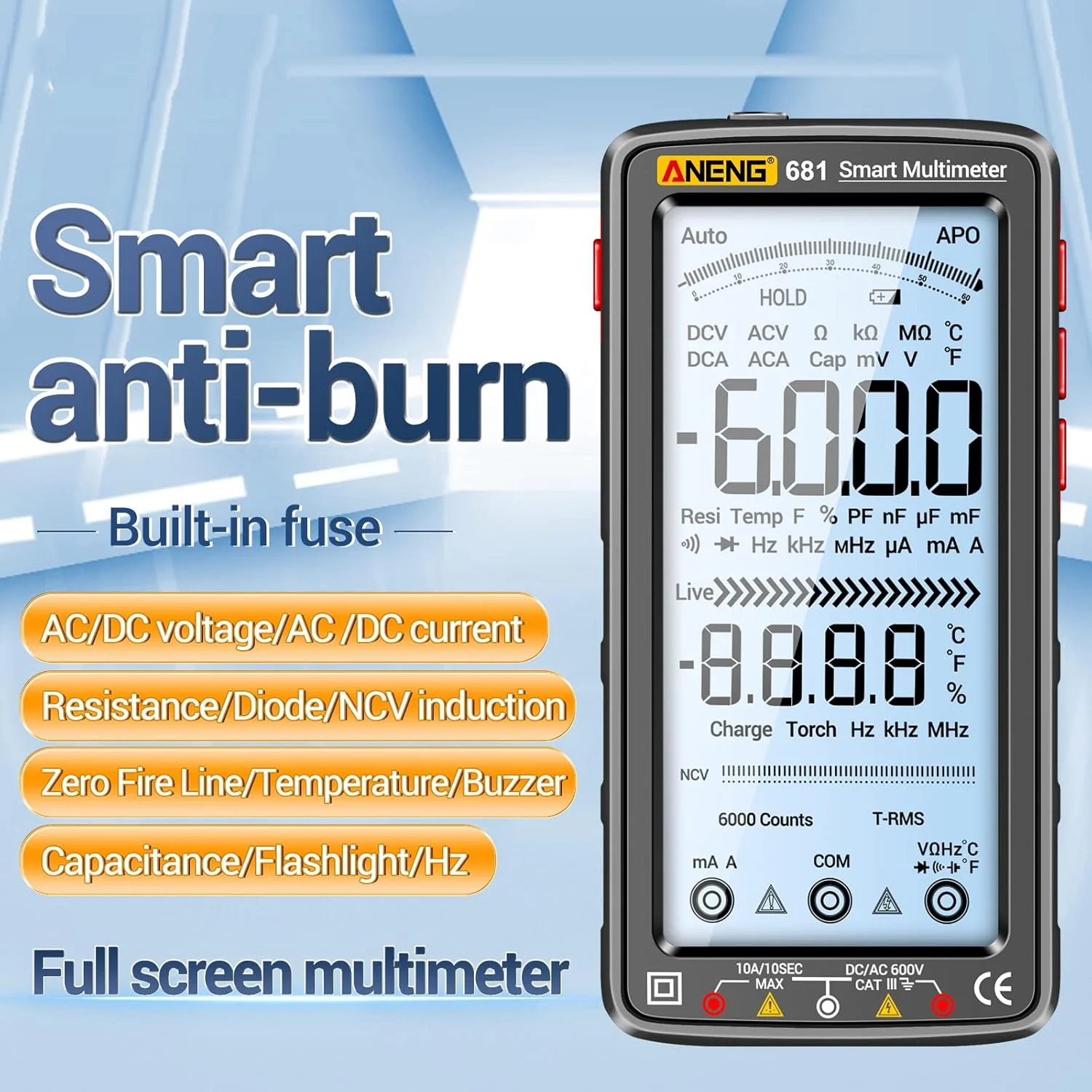 مولتی متر دیجیتال 6000 رقمی Morelian 681، ضد سوختگی هوشمند، قابل شارژ، تستر جهانی NCV، LCD بزرگ 5 اینچی با نور پس زمینه و چراغ قوه برای ولتاژ، مقاومت، ظرفیت خازنی و دما مولتی متر دیجیتال 6000 رقمی Morelian 681، ضد سوختگی هوشمند، قابل شارژ، تستر جهانی NCV، LCD بزرگ 5 اینچی با نور پس زمینه و چراغ قوه برای ولتاژ، مقاومت، ظرفیت خازنی و دما