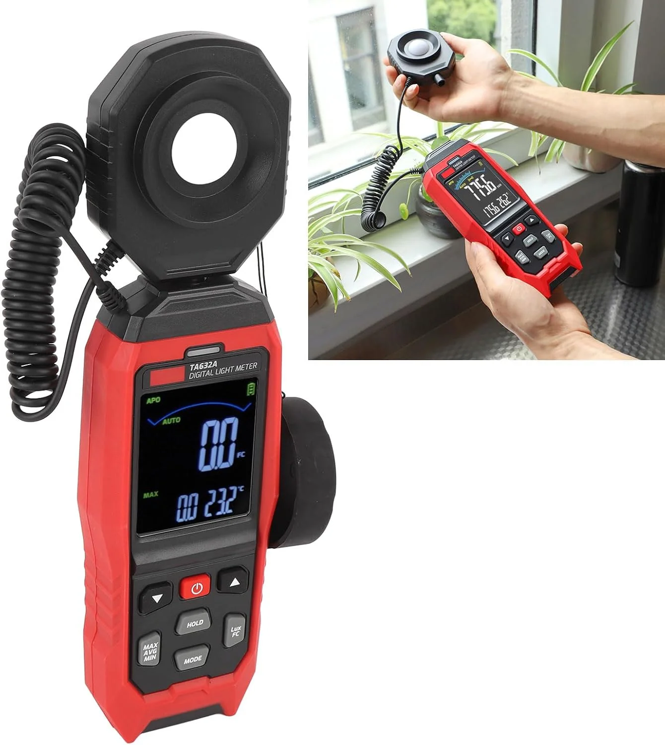 نورسنج دیجیتال، 0-200000 لوکس، تستر روشنایی جداشدنی با پروب چرخان 360 درجه، نورسنج دیجیتال با اعلان صوتی و نوری