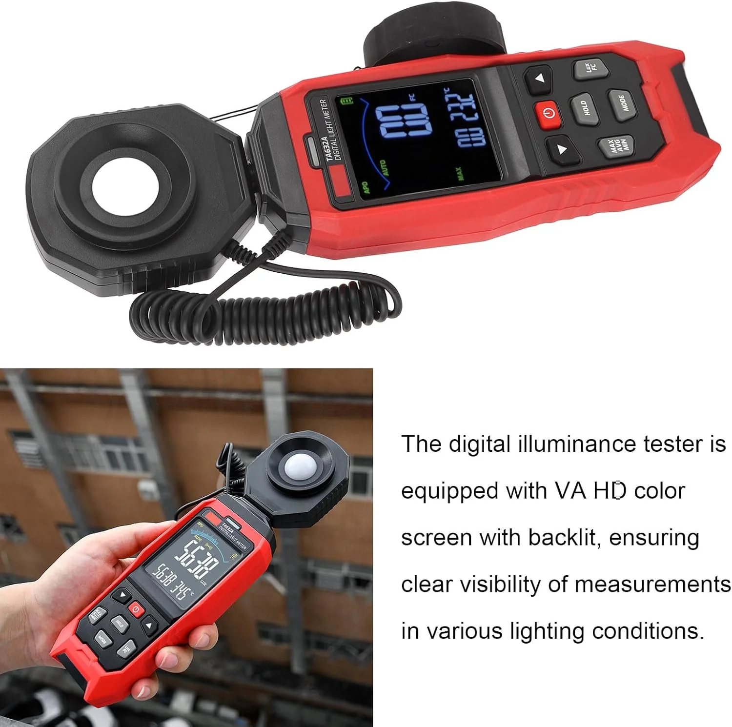 نورسنج دیجیتال، 0-200000 لوکس، تستر روشنایی جداشدنی با پروب چرخان 360 درجه، نورسنج دیجیتال با اعلان صوتی و نوری