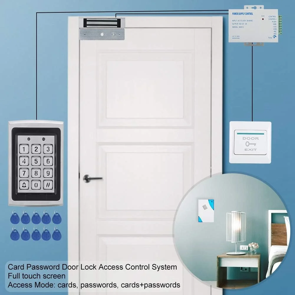 کیت سیستم کنترل دسترسی درب شامل قفل مغناطیسی تک درب، صفحه کلید RFID، دکمه خروج و کارت کیت سیستم کنترل دسترسی درب شامل قفل مغناطیسی تک درب، صفحه کلید RFID، دکمه خروج و کارت