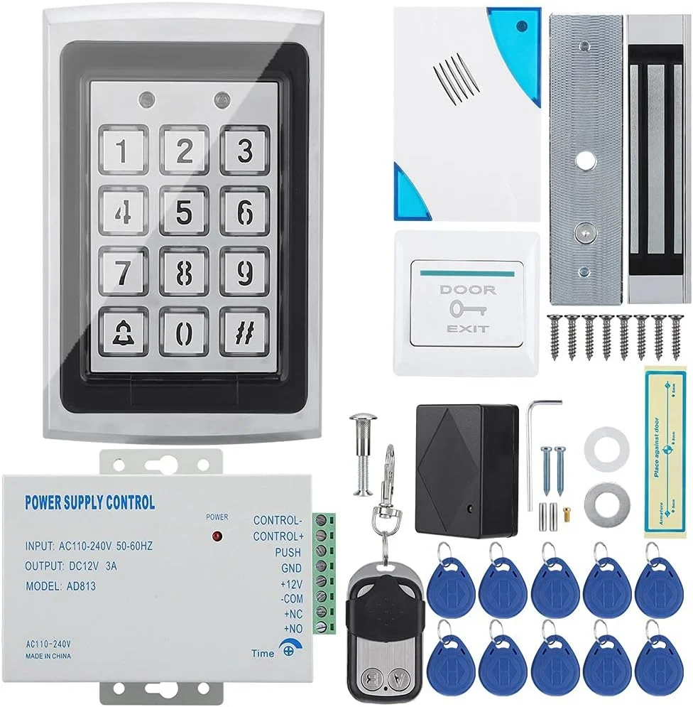 کیت سیستم کنترل دسترسی درب شامل کارت، رمز عبور، قفل مغناطیسی تک درب، صفحه کلید ورودی RFID با دکمه خروج