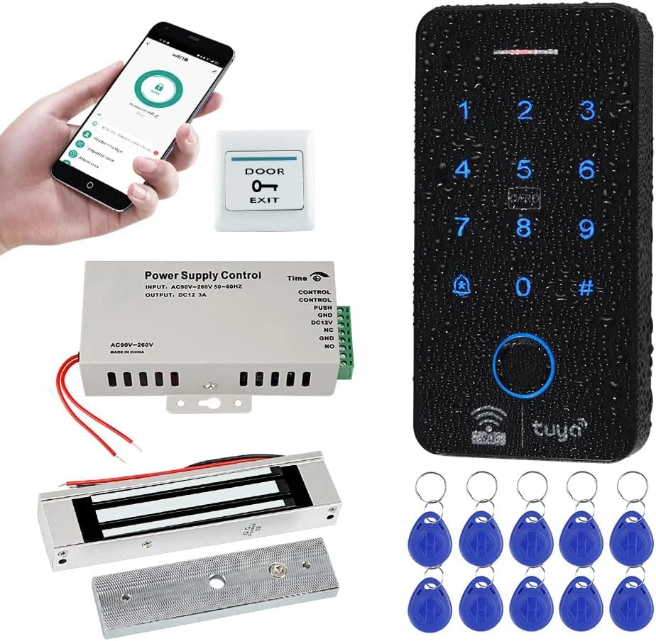 سیستم کنترل دسترسی هوشمند وای فای تویا، صفحه کلید ضد آب بیومتریک RFID فرکانس 125 کیلوهرتز و 13.56 مگاهرتز، قفل های اثر انگشت، قفل مغناطیسی برقی 180 کیلوگرمی، 10 عدد کارت کلید