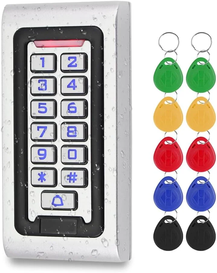 صفحه کلید فلزی RFID با استاندارد IP68، صفحه کلید کنترل دسترسی مستقل 125 کیلوهرتز، سیستم باز کردن درب ضد آب با رمز عبور، ریدر WG26، به همراه 10 عدد جاسوئیچی RFID