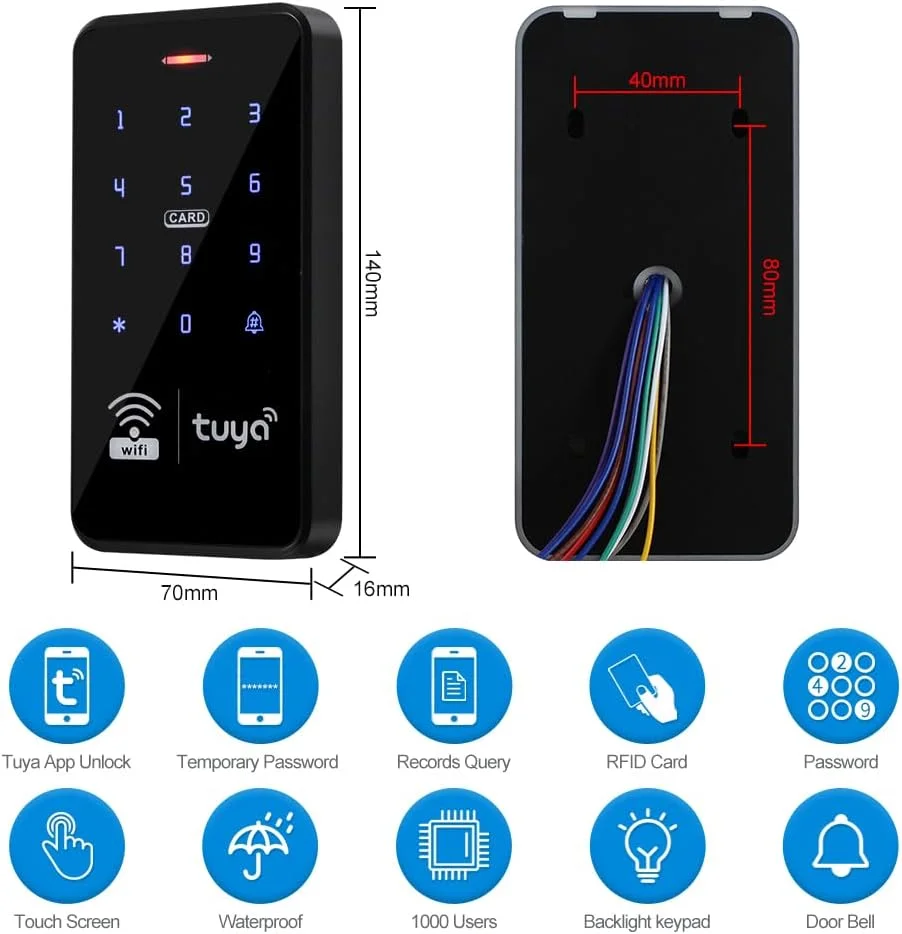 FUSYTULY سیستم کنترل دسترسی Tuya، فرکانس 125KHz و 13.56MHz، ضد آب، کیت سیستم کنترل دسترسی وای فای با صفحه کلید RFID + منبع تغذیه DC12V 3A + 10 عدد جاکلیدی (کیت S20tuya بدون قفل) FUSYTULY سیستم کنترل دسترسی Tuya، فرکانس 125KHz و 13.56MHz، ضد آب، کیت سیستم کنترل دسترسی وای فای با صفحه کلید RFID + منبع تغذیه DC12V 3A + 10 عدد جاکلیدی (کیت S20tuya بدون قفل)