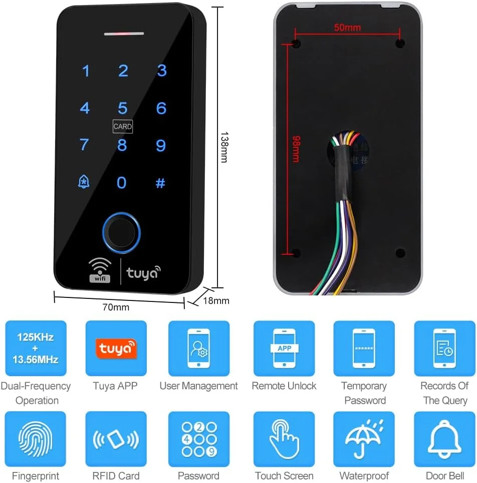 سیستم کنترل دسترسی هوشمند وای فای تویا، صفحه کلید ضد آب بیومتریک RFID فرکانس 125 کیلوهرتز و 13.56 مگاهرتز، قفل های اثر انگشت، قفل مغناطیسی برقی 180 کیلوگرمی، 10 عدد کارت کلید سیستم کنترل دسترسی هوشمند وای فای تویا، صفحه کلید ضد آب بیومتریک RFID فرکانس 125 کیلوهرتز و 13.56 مگاهرتز، قفل های اثر انگشت، قفل مغناطیسی برقی 180 کیلوگرمی، 10 عدد کارت کلید