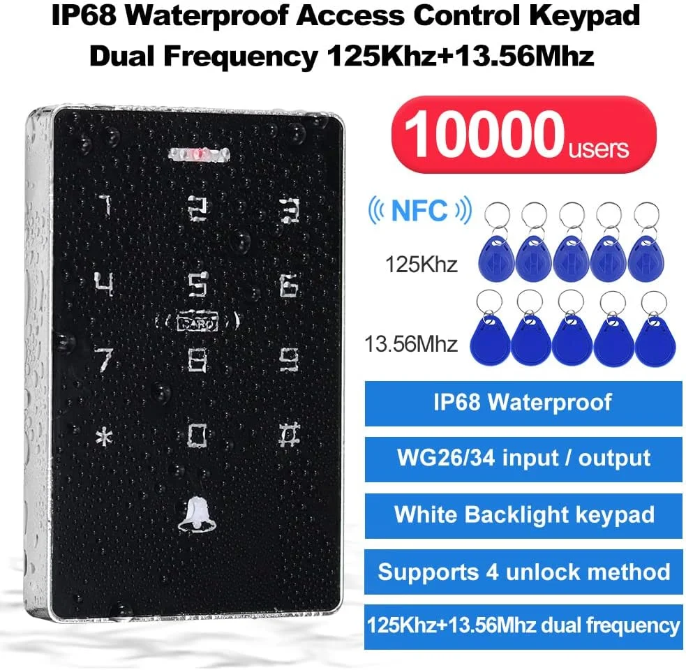 صفحه کلید کنترل دسترسی NFC RFID ضد آب IP68 دو فرکانس 125KHz / 13.56MHz صفحه کلید لمسی کنترلر دسترسی 10000 کاربر صفحه کلید کنترل دسترسی NFC RFID ضد آب IP68 دو فرکانس 125KHz / 13.56MHz صفحه کلید لمسی کنترلر دسترسی 10000 کاربر