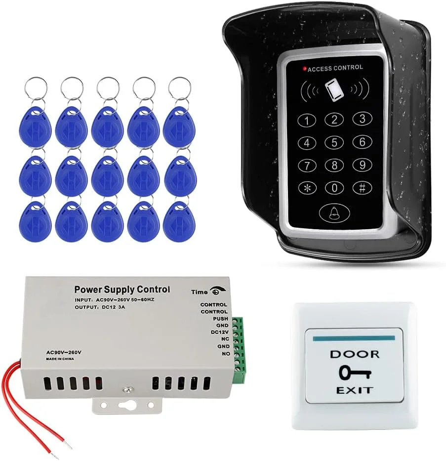 کیت سیستم کنترل دسترسی درب ضد آب FUSYTULY، صفحه کلید RFID خوان 125 کیلوهرتز + منبع تغذیه DC12V 3A + پوشش ضد آب + 15 عدد جاسوئیچی، بدون قفل برقی کیت سیستم کنترل دسترسی درب ضد آب FUSYTULY، صفحه کلید RFID خوان 125 کیلوهرتز + منبع تغذیه DC12V 3A + پوشش ضد آب + 15 عدد جاسوئیچی، بدون قفل برقی
