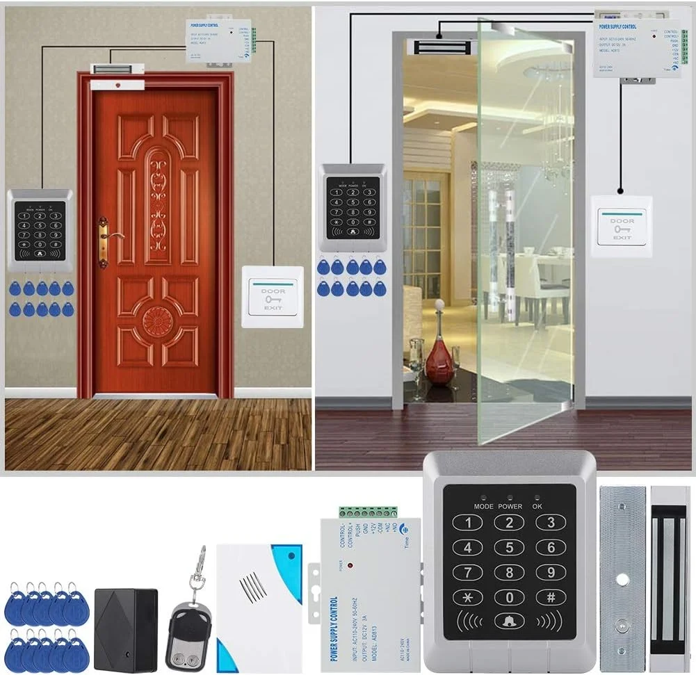 کیت سیستم کنترل دسترسی درب با قفل مغناطیسی الکتریکی، کارت، رمز عبور، مناسب برای امنیت خانه، شامل قفل مغناطیسی 180 کیلوگرمی، زنگ درب دینگ‌دانگ، کنترل از راه دور، 10 جاسوئیچی و 1 دکمه خروج
