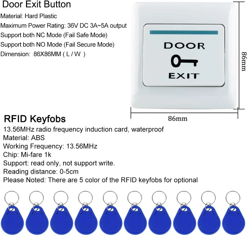 کیت GXY شامل صفحه کلید اثر انگشتی ضد آب IP68 + ده عدد جاسوئیچی 13.56MHz + قفل مغناطیسی 180KG + منبع تغذیه DC12V + دکمه خروج برای سیستم کنترل دسترسی