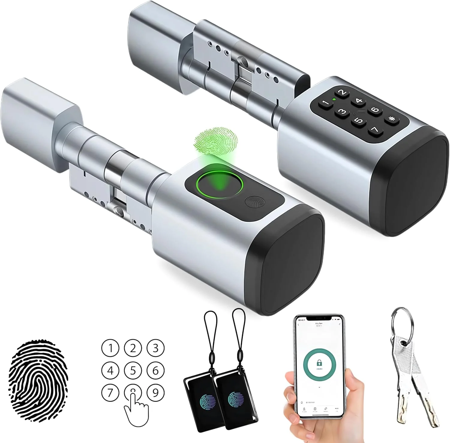 قفل درب هوشمند بدون کلید 5 در 1 با اثر انگشت، قفل صفحه کلید، کارت IC و کنترل برنامه موبایل، دسترسی از راه دور از طریق دروازه، سیلندر قابل تنظیم، برای خانه ها، دفاتر و اجاره های تعطیلات قفل درب هوشمند بدون کلید 5 در 1 با اثر انگشت، قفل صفحه کلید، کارت IC و کنترل برنامه موبایل، دسترسی از راه دور از طریق دروازه، سیلندر قابل تنظیم، برای خانه ها، دفاتر و اجاره های تعطیلات