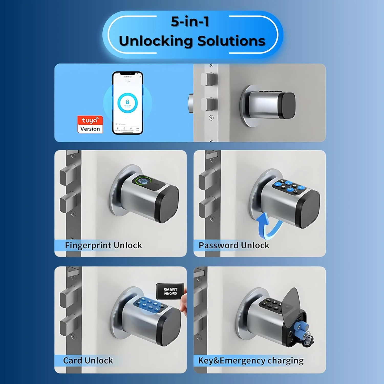 قفل درب هوشمند بدون کلید 5 در 1 با اثر انگشت، قفل صفحه کلید، کارت IC و کنترل برنامه موبایل، دسترسی از راه دور از طریق دروازه، سیلندر قابل تنظیم، برای خانه ها، دفاتر و اجاره های تعطیلات قفل درب هوشمند بدون کلید 5 در 1 با اثر انگشت، قفل صفحه کلید، کارت IC و کنترل برنامه موبایل، دسترسی از راه دور از طریق دروازه، سیلندر قابل تنظیم، برای خانه ها، دفاتر و اجاره های تعطیلات