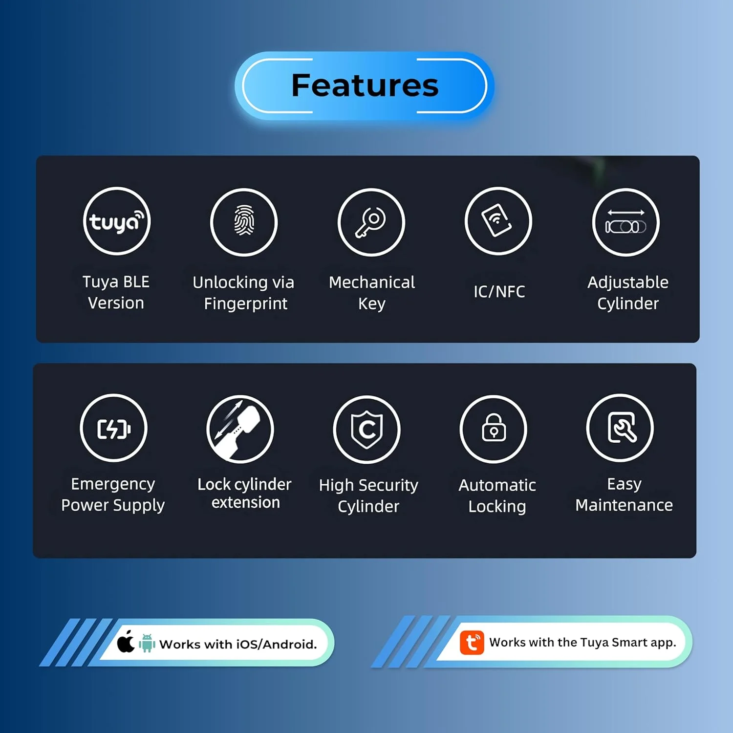 قفل درب هوشمند بدون کلید 5 در 1 با اثر انگشت، قفل صفحه کلید، کارت IC و کنترل برنامه موبایل، دسترسی از راه دور از طریق دروازه، سیلندر قابل تنظیم، برای خانه ها، دفاتر و اجاره های تعطیلات قفل درب هوشمند بدون کلید 5 در 1 با اثر انگشت، قفل صفحه کلید، کارت IC و کنترل برنامه موبایل، دسترسی از راه دور از طریق دروازه، سیلندر قابل تنظیم، برای خانه ها، دفاتر و اجاره های تعطیلات