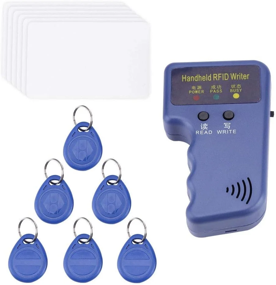 دستگاه کپی/خواننده/نویسنده کارت RFID با فرکانس 125 کیلوهرتز، به همراه 6 عدد کارت شناسایی T5577 125khz قابل نوشتن و 6 عدد جاسوئیچی دستگاه کپی/خواننده/نویسنده کارت RFID با فرکانس 125 کیلوهرتز، به همراه 6 عدد کارت شناسایی T5577 125khz قابل نوشتن و 6 عدد جاسوئیچی