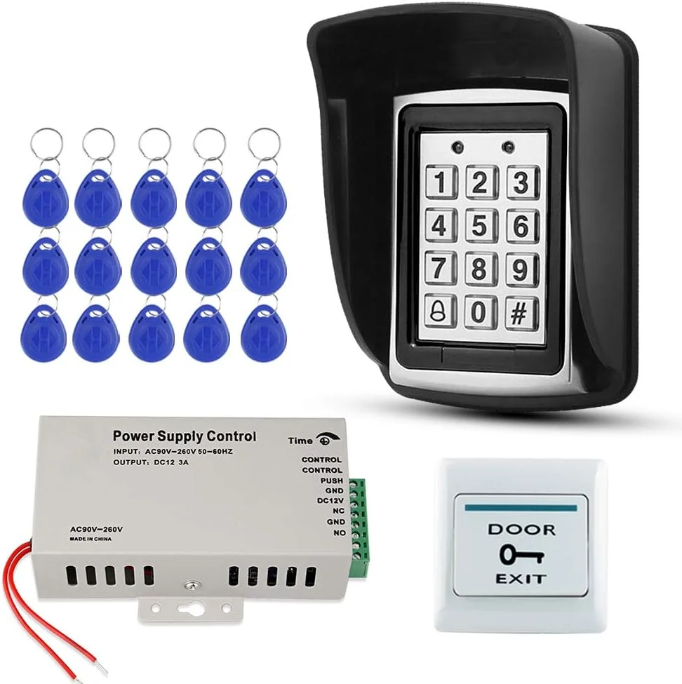 کیت سیستم کنترل دسترسی ضد آب فضای باز FST DIY صفحه کلید فلزی RFID + منبع تغذیه DC12V + دکمه خروج درب + 15 عدد کارت کلید EM4100 (بدون قفل)