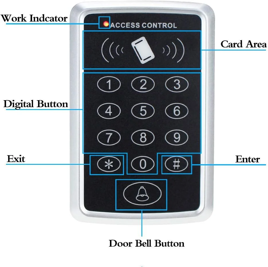 کیت کنترل دسترسی RFID، ریدر با صفحه کلید، سیستم کامل با منبع تغذیه، دکمه خروج، 10 جاسوئیچی 125 کیلوهرتز کیت کنترل دسترسی RFID، ریدر با صفحه کلید، سیستم کامل با منبع تغذیه، دکمه خروج، 10 جاسوئیچی 125 کیلوهرتز